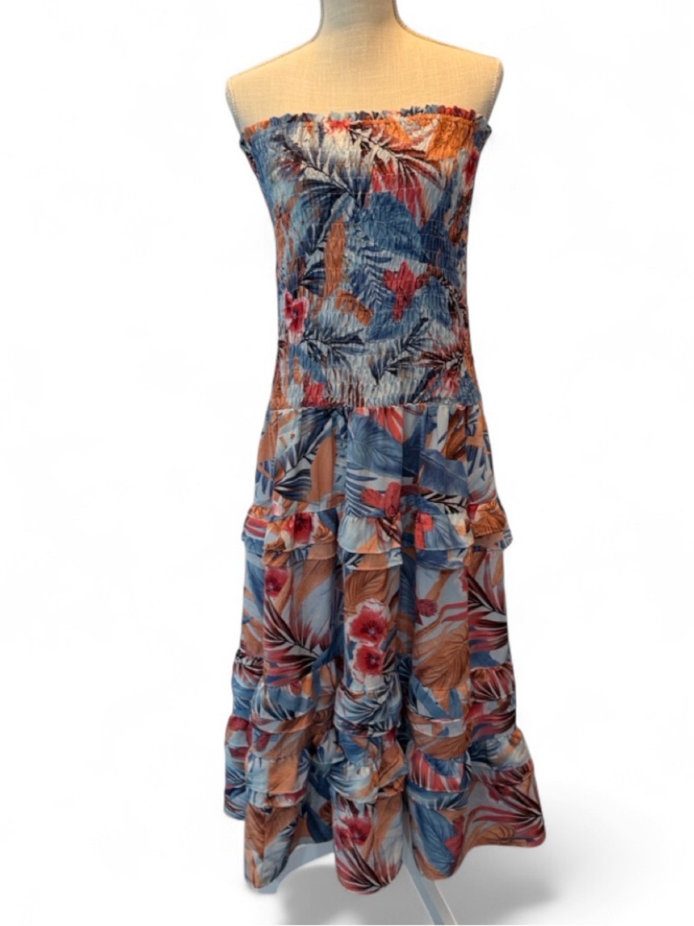 Luxxel Strapless Tropical Floral Maxi Dress in Blue, Peach & Coral